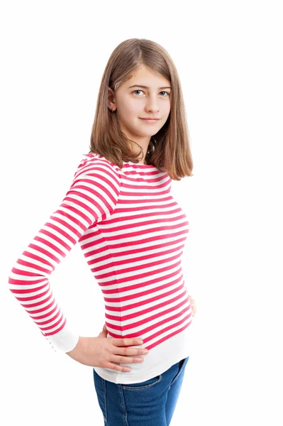 Ragazza adolescente con i capelli lunghi e camicia a righe rosa bianca — Foto Stock