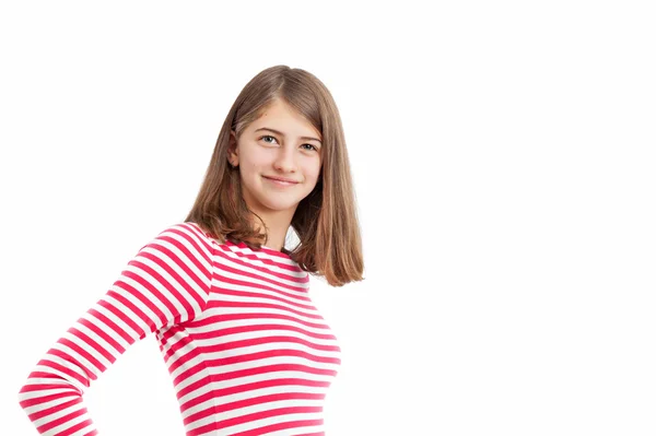 Adolescente Chica con el pelo largo y camisa de rayas de color rosa blanco —  Fotos de Stock