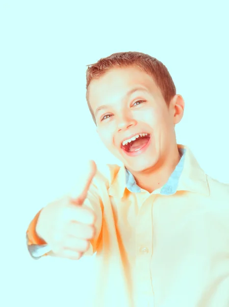 Portrait of a teenage boy, thumbs up in retro style — Stock Photo, Image