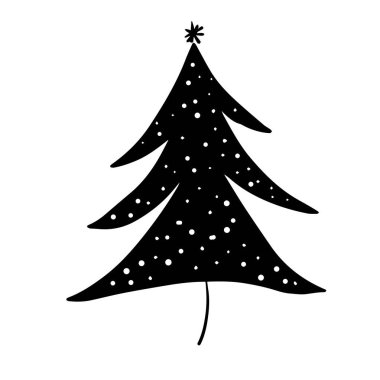 Bir Noel ağacının siyah beyaz çizimi. Şekil verilmiş bir ağacın karalaması. Renk, baskı, logo, simge, etiket ve tasarım için çizgi film tarzında bir köknar ağacının vektör çizimi