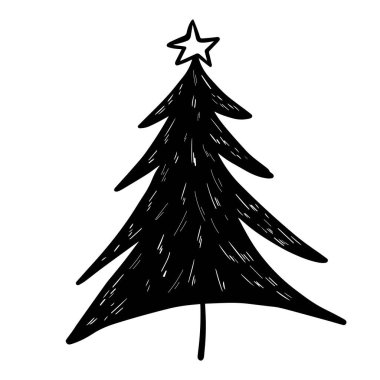 Bir Noel ağacının siyah beyaz çizimi. Şekil verilmiş bir ağacın karalaması. Renk, baskı, logo, simge, etiket ve tasarım için çizgi film tarzında bir köknar ağacının vektör çizimi