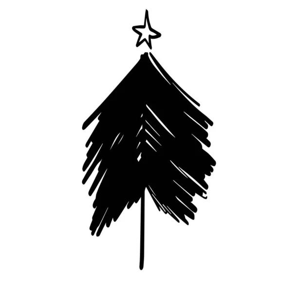 クリスマスツリーの黒と白の図面 様式化された木のドア 自然との着色 アイコン ステッカーやデザインのための漫画スタイルのモミの木のベクトル輪郭イラスト — ストックベクタ
