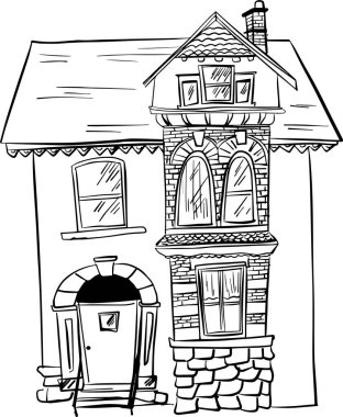 Ev mimarisinin çizimi. Serbest el vektörü çizimi. Evin dış perspektifinin taslak çizimi..