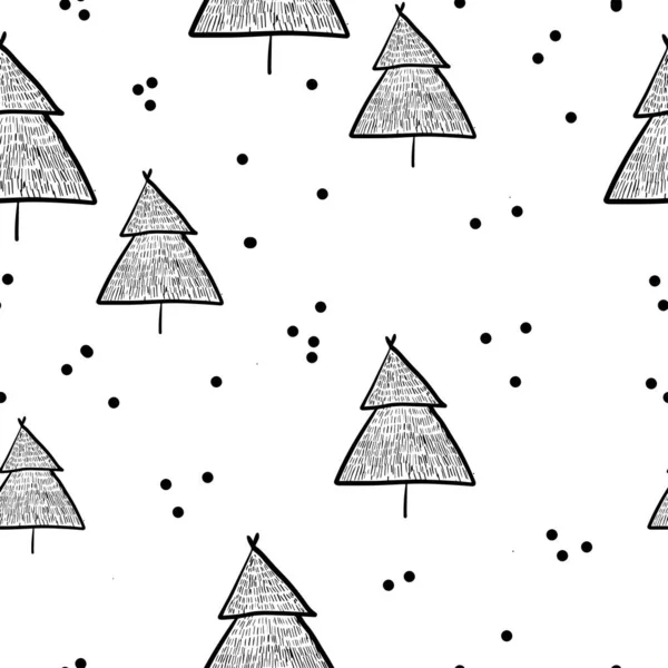 Grafica invernale modello senza soluzione di continuità con alberi di Natale. Illustrazione vettoriale disegnata a mano. Carta da imballaggio Natale. — Vettoriale Stock