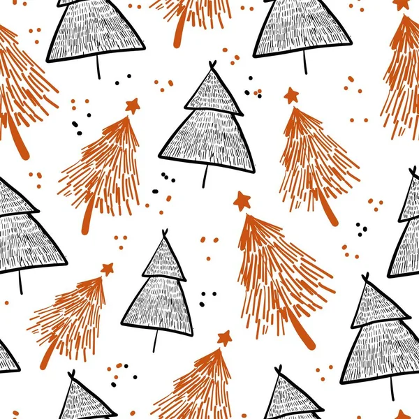 Grafica invernale modello senza soluzione di continuità con alberi di Natale. Illustrazione vettoriale disegnata a mano. Carta da imballaggio Natale. — Vettoriale Stock
