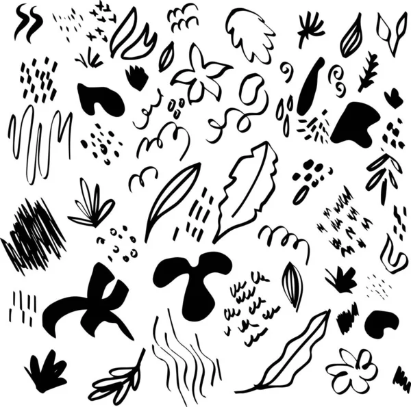 Abstrait doodle éléments floraux noirs modernes. Contemporain dessiné à la main des objets géométriques design à la mode, gribouiller méga ensemble style boho. Illustration vectorielle. — Image vectorielle