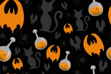 Cadılar Bayramı şenlikli, kusursuz desen. Bitmek bilmeyen arka plan iksirli, kedili, turuncu sopalı. Yaratıcı tasarım için el çizimi vektör klipsi sanat elementleri, yazdırılabilir dekor.