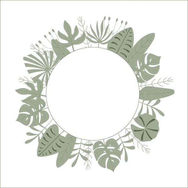 Poster with an empty circle in the center for your text. Set of delicate green leaves of tropical palm trees. Vector hand drawn illustration. Creative flat for wrapping, apparel, design, interior. — Stock Vector