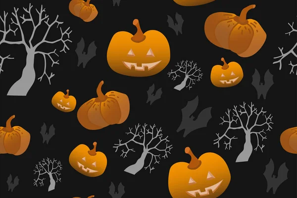 Naadloos patroon gelukkig Halloween feest. Eindeloze achtergrond met pompoen, zwarte vleermuis, grijze boom. Handtekening vector clip art grafische elementen voor creatief ontwerp, afdrukbare decor, textiel, decoratie. — Stockvector