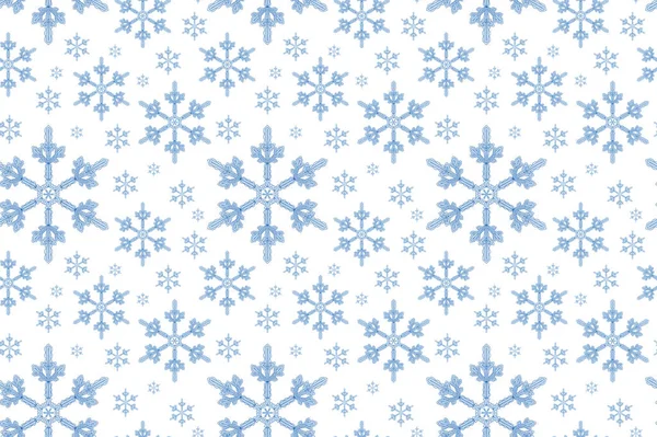 Noel tasarım elementlerinin kusursuz deseni beyaz arka planda mavi elle çizilmiş kar taneleri. Yaratıcı tasarım, ambalaj, baskı, kumaş, baskı, basılabilir dekor için grafik ögesi. — Stok fotoğraf