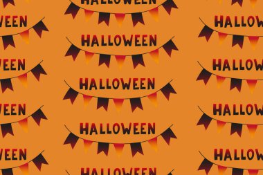 Kusursuz bir cadılar bayramı partisi. Sonsuz turuncu arka plan, bayrak ve harf cadılar bayramı çelenkleri. Yaratıcı tasarım için el çizimi vektör klipsi sanat öğeleri, yazdırılabilir tekstil.