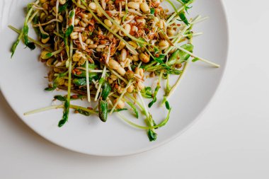Microgreen, lentil sprouts, mung beans sprouts, raisins, sunflower seeds, flax seeds and arugula salad with mint and orange, lemon dressing. Summer dish. Healthy food. White plate. White background.
