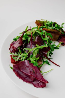 Microgreen and arugula salad with tomato and balsamic sauce, almond, orange, lemon dressing. Summer dish. Healthy salad, leaves mix