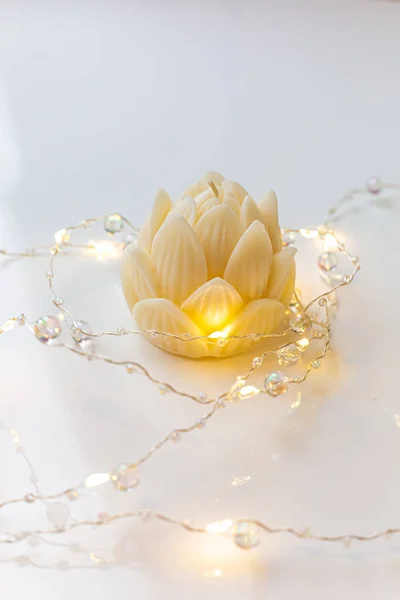 Small Lotus Candle Transparent Lotus Shaped Glass Candle Holder Laying — Photo
