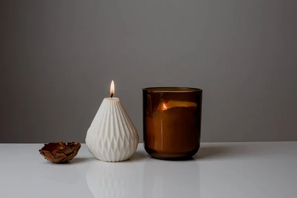 Cozy Home Interior Decor Aromatic Candles Glass Glowingon White Grey — Stockfoto