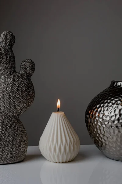 Cozy Home Interior Decor Aromatic Candles Glass Glowingon White Grey — ストック写真