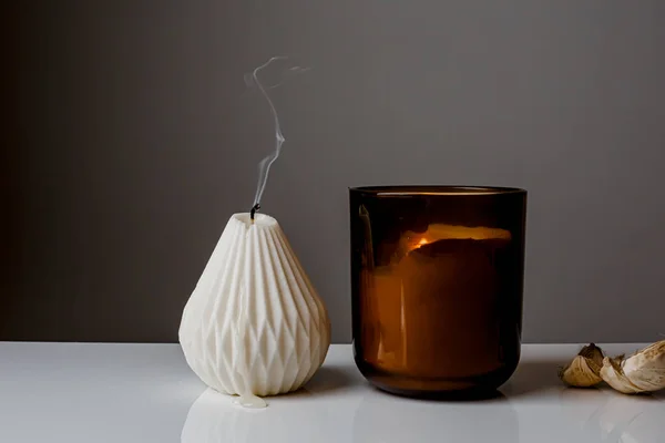 Cozy Home Interior Decor Aromatic Candles Glass Glowingon White Grey —  Fotos de Stock