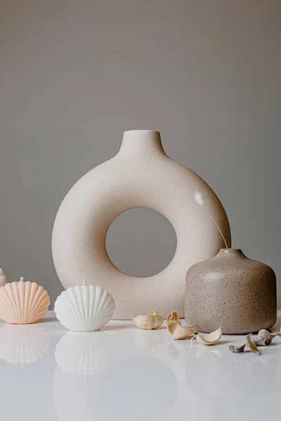 Ceramic Pastel Design Hole Vases Seashell Candles Soft Aroma Grass Stok Foto Bebas Royalti