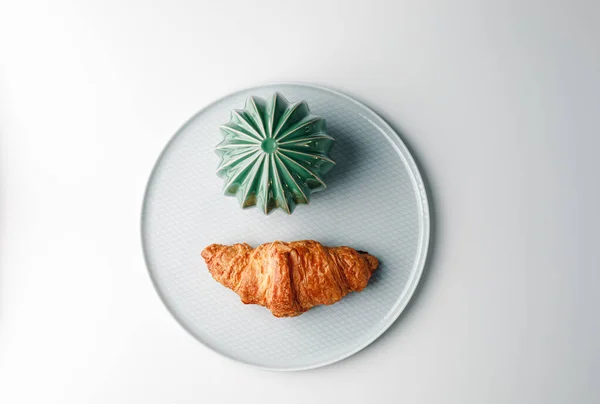 Delicious Fresh Croissant White Light Grey Background Croissant Mint Color — Fotografia de Stock