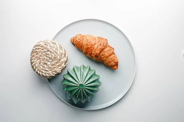 Delicious Fresh Croissant White Light Grey Background Croissant Mint Color — Fotografia de Stock