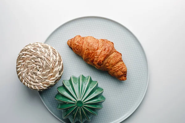 Delicious Fresh Croissant White Light Grey Background Croissant Mint Color — Fotografia de Stock