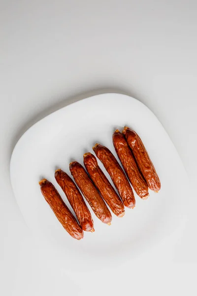 Grilled Sausages White Plate Close Grilling Food Bbq Barbecue — Stock fotografie