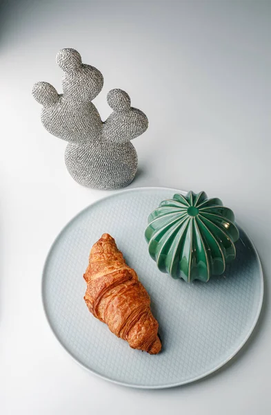 Delicious Fresh Croissant White Light Grey Background Croissant Mint Color Stok Foto