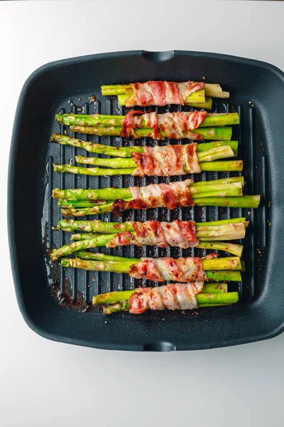Asparagus Bacon Grilled Pan Grilled Green Asparagus Wrapped Bacon Asparagus — Foto Stock