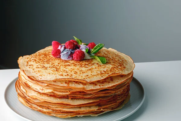 Close Delicious Pancakes Fresh Mango Raspberries Yogurt Mint Honey Light — Stock Photo, Image