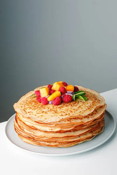 Close Delicious Pancakes Fresh Mango Raspberries Yogurt Mint Honey Light — Stok Foto