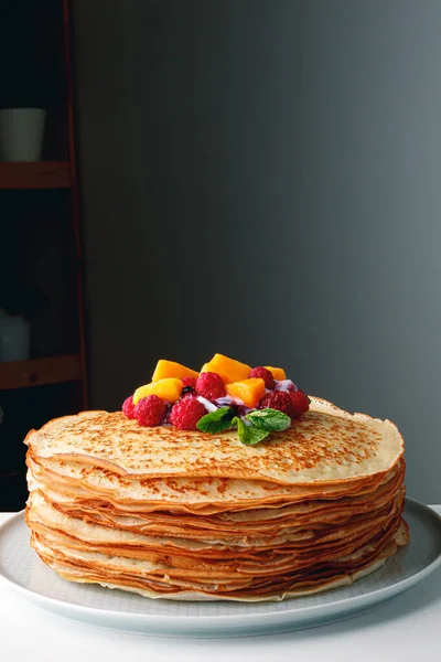 Close Delicious Pancakes Fresh Mango Raspberries Yogurt Mint Honey Light — Stockfoto