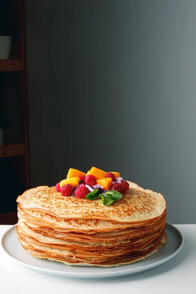 Close Delicious Pancakes Fresh Mango Raspberries Yogurt Mint Honey Light — Stockfoto