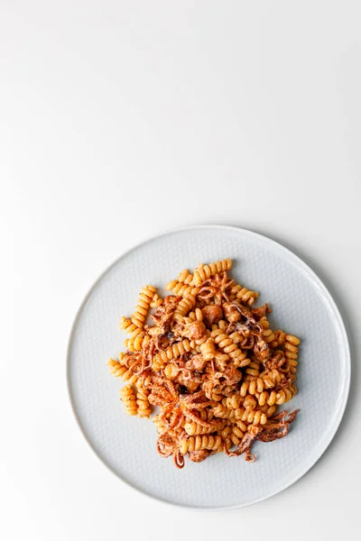 Pastas Italianas Frescas Con Pulpo Bebé Primer Plano Pulpo Calamarata —  Fotos de Stock