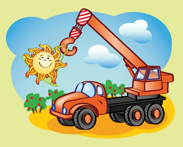 Camion-grue amusant et le soleil — Image vectorielle