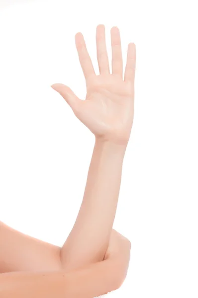 Kobieta ręce z Francuski manicure na białym tle na biały numer pięć — Zdjęcie stockowe
