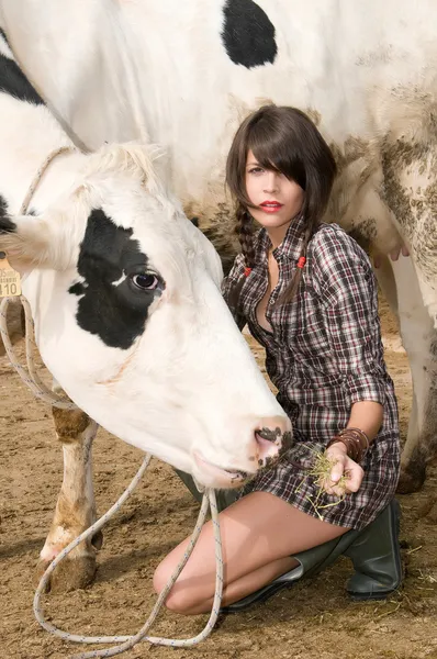 그녀의 농장에 소 먹이 농부 — 스톡 사진