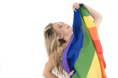 kadın lezbiyen Gökkuşağı bayrağı ile
