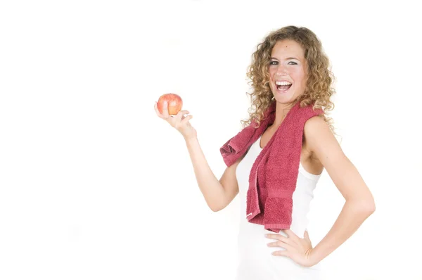 Frau hält einen roten Apfel isoliert auf weißem Hintergrund — Stockfoto