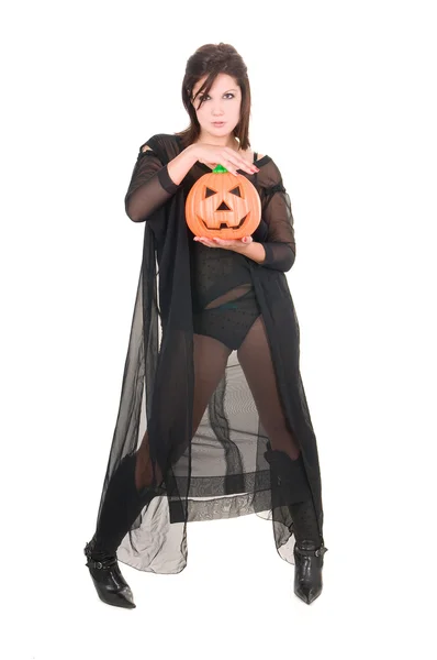 Donna sexy strega con zucca di Halloween — Foto Stock