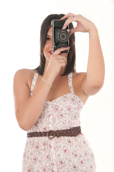 Vrouw met vintage camera — Stockfoto