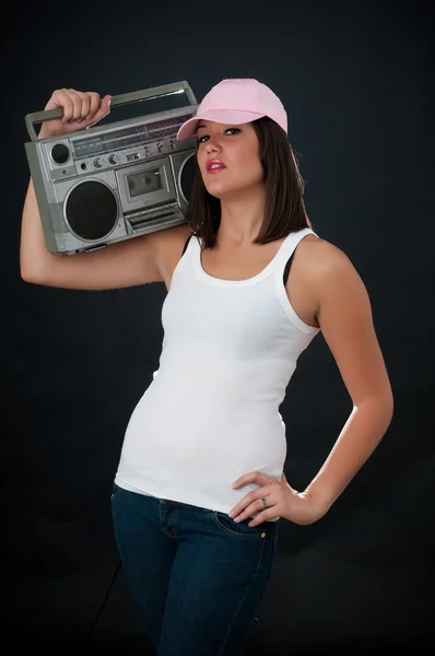 Mujer con Boom Box retro — Foto de Stock