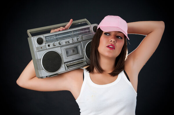 Woman with retro Boom Box