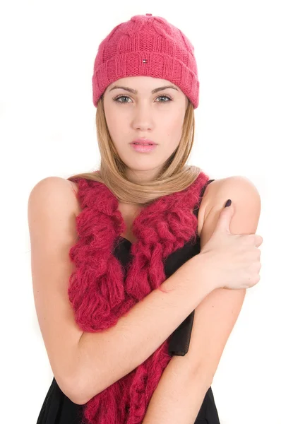 Blondes Model mit rosa Hut — Stockfoto