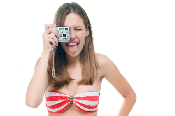 Beautiful woman in bikini making photo on the camera — Stock Photo, Image