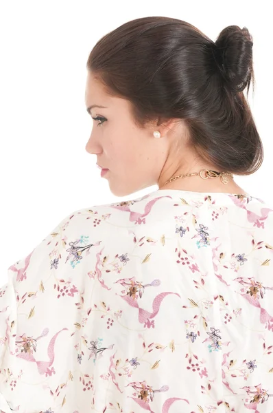 Vrouw in kleurrijke bloemen shirt — Stockfoto