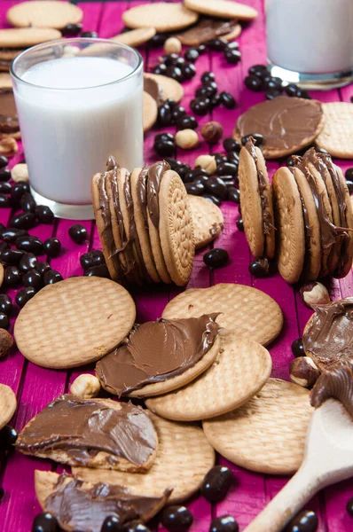 Breakfast Chocolate Cookies Glass Milk — Stock Photo, Image