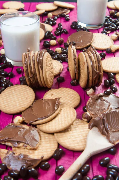 Petit Déjeuner Avec Biscuits Chocolat Verre Lait — Photo