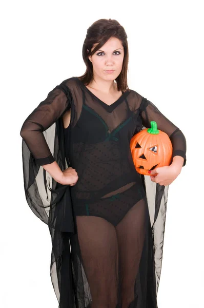 Very Sensual Woman Dressed Black Halloween — Stock Photo, Image