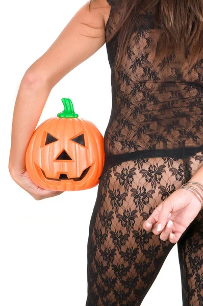 Donna Molto Sensuale Vestita Nero Halloween — Foto Stock