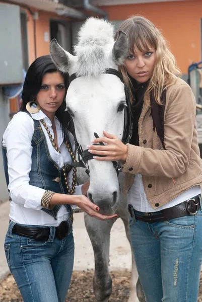 Female Jockeys Arena Preparing Horses Out Trot — Stock Photo, Image